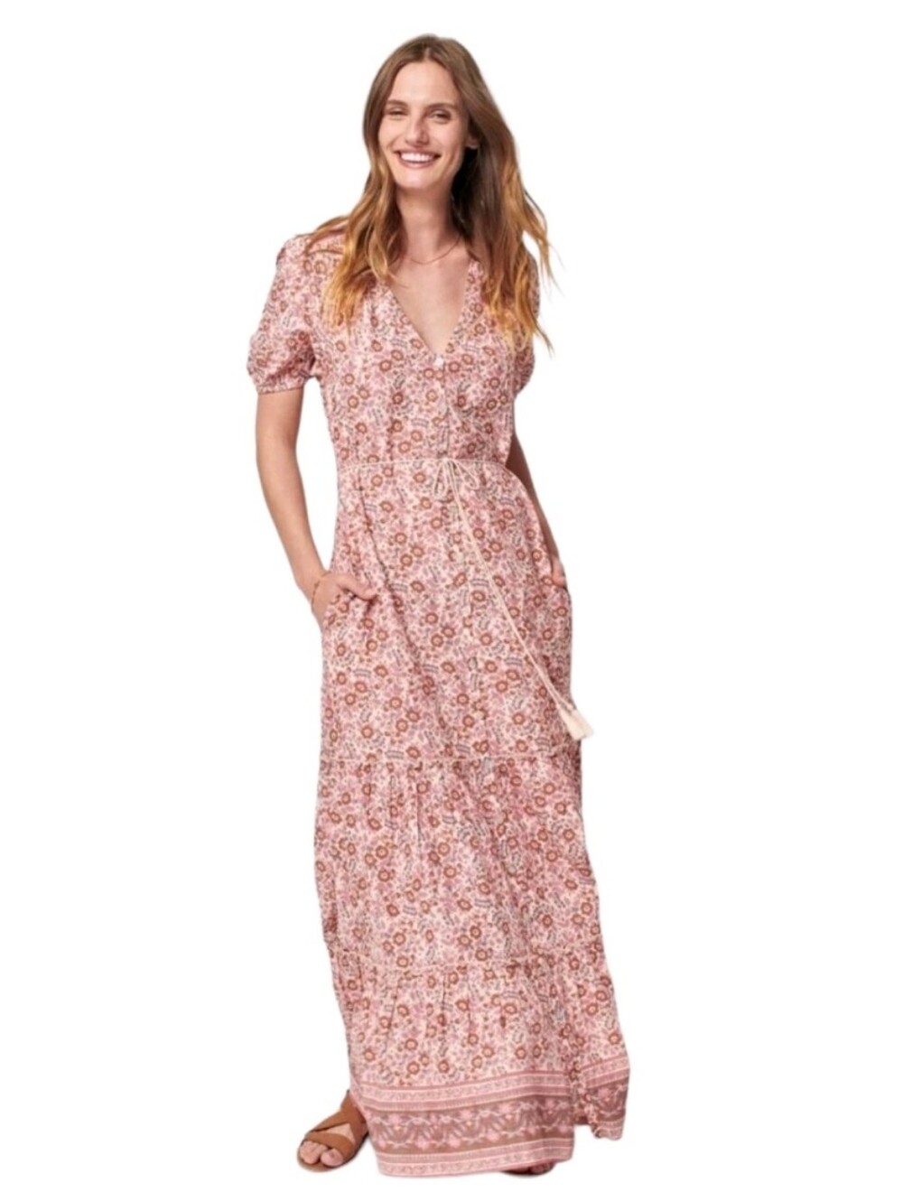 Faherty Orinda Pink Floral Organic Cotton Button-Front Maxi Dress